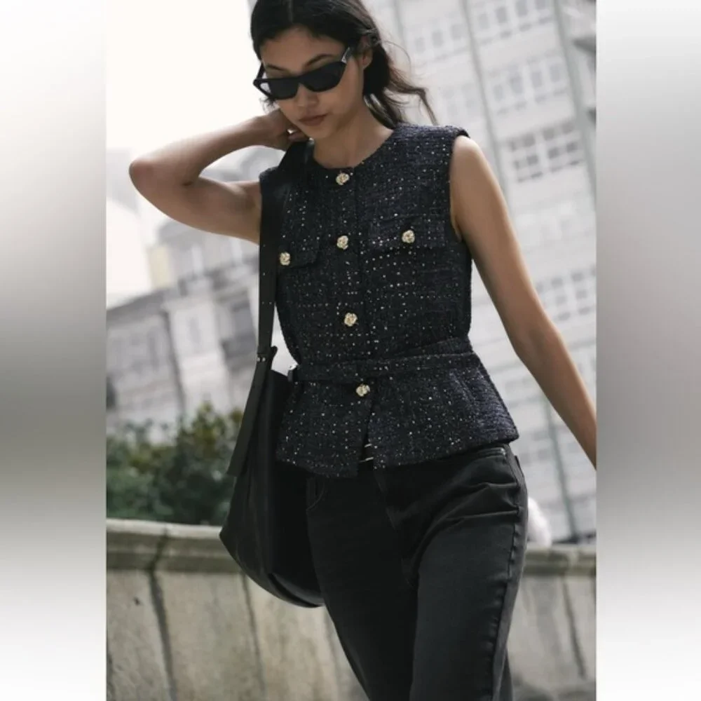 ZARA BELTED SEQUIN STRUCTURED VEST - Picture 2 of 8
